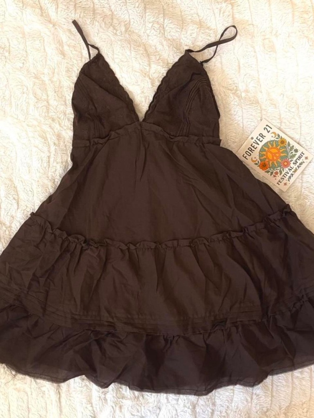 NWT Forever 21 Brown Tiered Babydoll Mini Dress XS Cottagecore Boho Fairycore